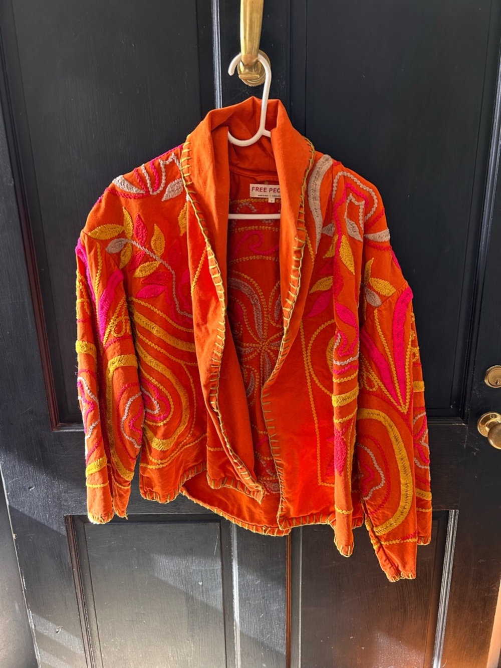 Free People Orange Embroidered Velvet Bomber Jacket with Pink & Yellow Accents